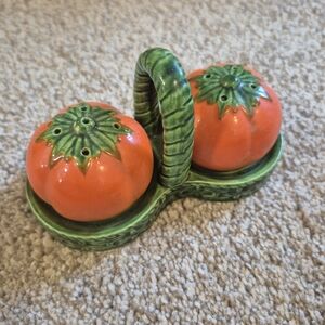 Vtg Occupied Japan Tomatoes with Leaf Tray Salt and Pepper Shaker Set